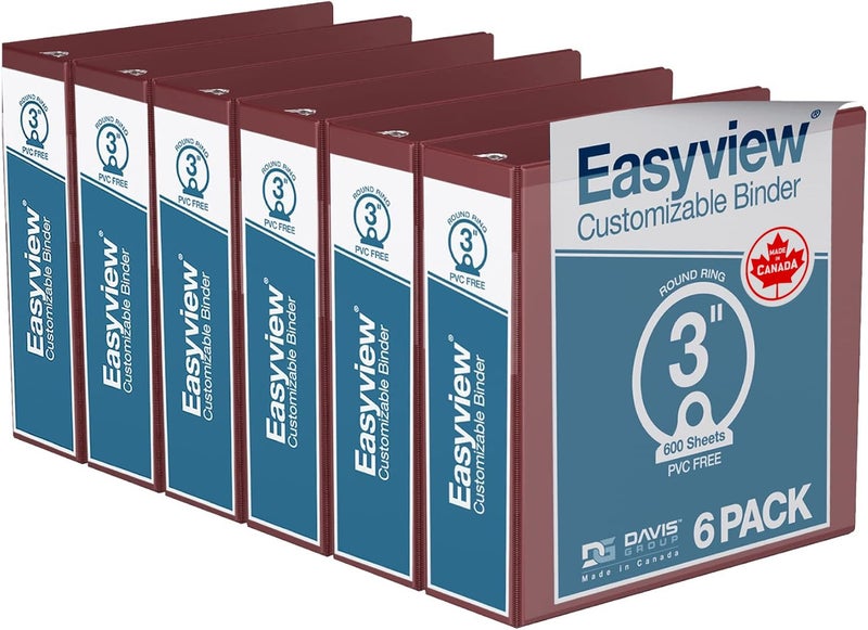Davis Group Easyview Premium 3-Ring Binders with Clear-View Covers and Round Rings, Binders for School or Office, 3 Inch, Pack of 6, Burgundy - Image 1